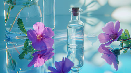 Biological beauty: Purple flower with glass flask and bottle in a blue laboratory, showcasing cosmetic health science researchの写真素材