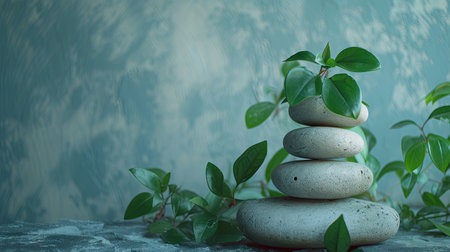 Spiritual Harmony: An artful depiction of zen wellness with a stack stone arrangement and a vibrant green plant, promoting spiritual balance and tranquilityの写真素材