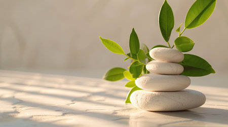 Spiritual Harmony: An artful depiction of zen wellness with a stack stone arrangement and a vibrant green plant, promoting spiritual balance and tranquilityの写真素材