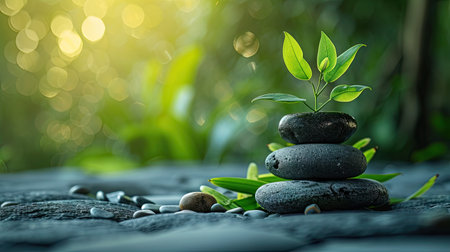 Spiritual Harmony: An artful depiction of zen wellness with a stack stone arrangement and a vibrant green plant, promoting spiritual balance and tranquilityの写真素材