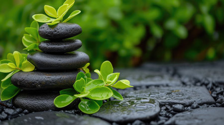 Spiritual Harmony: An artful depiction of zen wellness with a stack stone arrangement and a vibrant green plant, promoting spiritual balance and tranquilityの写真素材