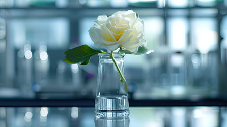 A single glass flask showcasing a delicate white flower submerged in water, symbolizing the intersection of genetic biotechnology and cosmetic science for groundbreaking innovationsの写真素材