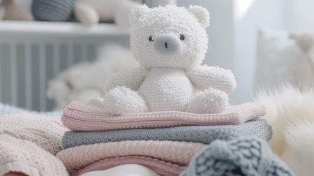 Soft and stylish interior with a plush white bear doll and a stack of gentle fabric in pink, gray, and blue, setting the tone for a comforting and chic homの写真素材