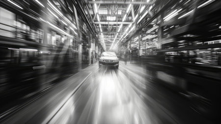 A dynamic black and white blur captures the speed and precision of car manufacturing in a cutting-edge factoryの写真素材