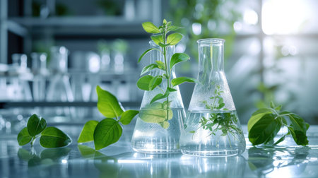 Clear glass flasks filled with water and fresh green leaves, creating a dynamic scene of plant-based research in a state-of-the-art biotechnology laboratoryの写真素材