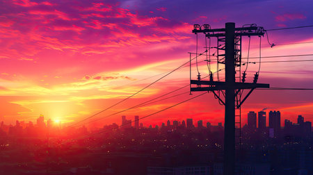 Electric pole in an industrial cityscape backdrop, capturing the essence of energy business and urban developmentの写真素材