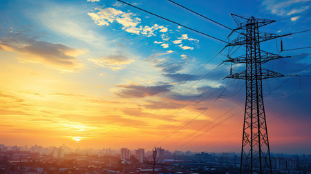 Electric pole in an industrial cityscape backdrop, capturing the essence of energy business and urban developmentの写真素材