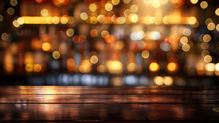 Festive night out: Bokeh lights and reflections on a pub table for a Christmas celebration. Brown tone background with product displayの写真素材