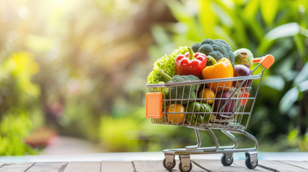 Market variety: Supermarket shelves and cart.の素材