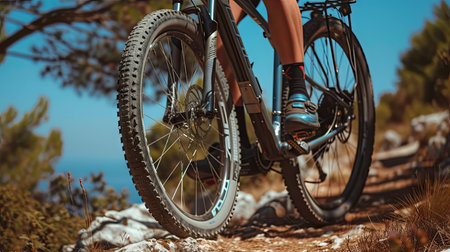 Extreme adventure: Close-up mountain bike wheels.の素材