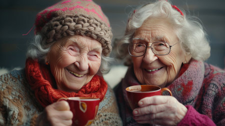 Nostalgic joy: Old friends laugh together over tea.の素材
