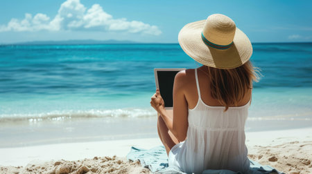 Woman uses tablet on the beachの素材
