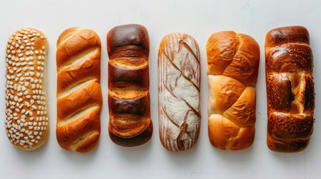 Fresh bread creative layout isolated on white background. Whole and sliced breads collection. Healthy eating and dieting food concept. Top view, flat lay. Design elementの素材
