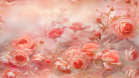 Tender blossoms of pink flowers, blooming roses creating a holiday background with a bouquet of pastel floral cards.の素材
