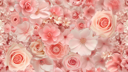 Tender blossoms of pink flowers, blooming roses creating a holiday background with a bouquet of pastel floral cards.の素材
