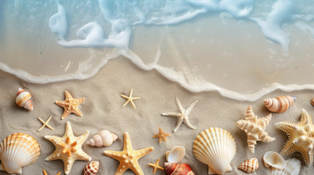"Sandy Seaside: Sea sand with starfish and shells, creating a serene beach background with a top view and ample copy space.の素材