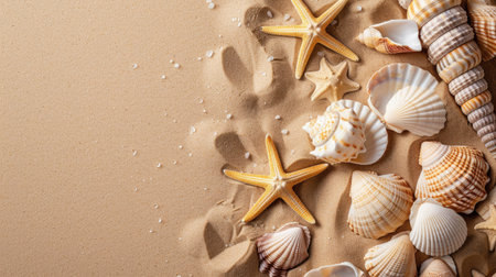 "Sandy Seaside: Sea sand with starfish and shells, creating a serene beach background with a top view and ample copy space.の素材