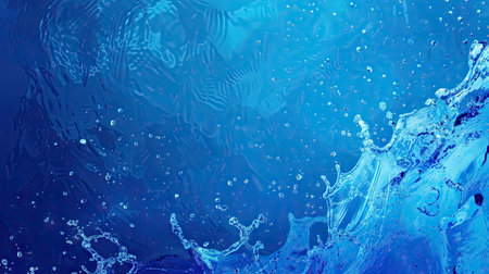 Vivid water splashes on a blue background, creating an energetic and refreshing concept with ample copy space for creative useの素材