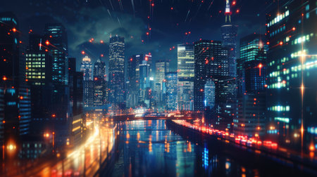 Modern city night view with a focus on the digital communication network concept. A wide-angle visual perfect for banners or advertisements, showing the synergy of urban life and technologyの素材