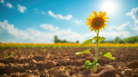 Close-up view of a sunflower in the field, showing the beauty of industrial crops and the abundance of agricultural landscapesの素材