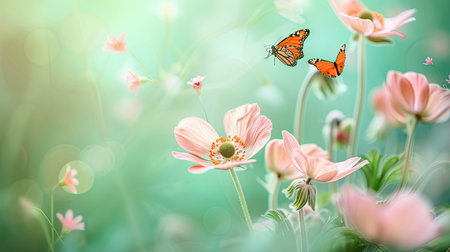 Beautiful pink anemones in a fresh spring morning, adorned with fluttering butterflies on a soft green background. An artistic image capturing the essence of springtime beauty with free spaceの素材