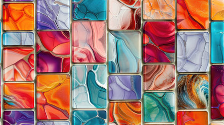 Digital colorful wall tiles and abstract wallpapers with different patterns, perfect for kitchen, bathroom, and living room decor.の素材