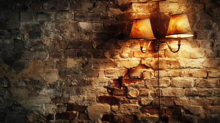 Damaged brick wall with atmospheric lamps, creating a grunge backdrop for websites with a vintage and distressed aestheticの素材