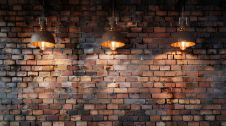 Damaged brick wall with atmospheric lamps, creating a grunge backdrop for websites with a vintage and distressed aestheticの素材