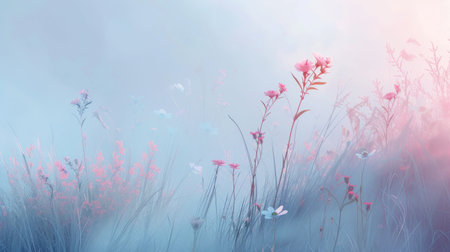 Soft flowers and wind grasses in the gentle character of early morning fog, creating a quiet and calm image with minimal zen mood in pastel spring colorsの素材