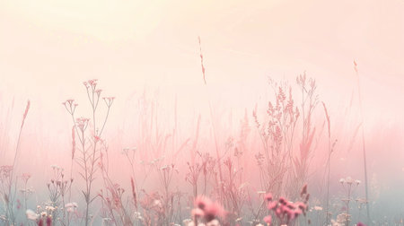 Soft flowers and wind grasses in the gentle character of early morning fog, creating a quiet and calm image with minimal zen mood in pastel spring colorsの素材