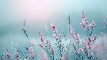 Soft flowers and wind grasses in the gentle character of early morning fog, creating a quiet and calm image with minimal zen mood in pastel spring colorsの素材