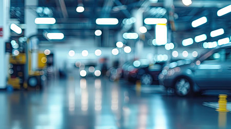 Blurry background car repair station in the garage with soft light. Car maintenance.の素材