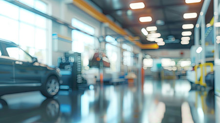 Blurry background car repair station in the garage with soft light. Car maintenance.の素材