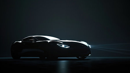 Front view silhouette of a black sports car with one LED headlight on a black background, highlighting automotive elegance and modern designの素材
