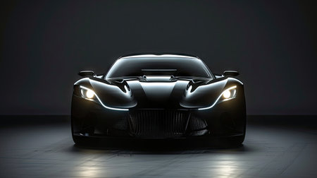 Front view silhouette of a black sports car with one LED headlight on a black background, highlighting automotive elegance and modern designの素材