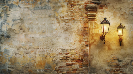 Damaged brick wall with atmospheric lamps, creating a grunge backdrop for websites with a vintage and distressed aestheticの素材