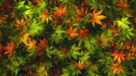 Autumn Palette: Green background with vibrant fall leaf colors, perfect for capturing the seasonal transition in a natural and textured settingの素材