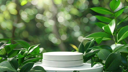 White podium mockup for organic cosmetic presentation on a green eco forest background with fresh leaves, creating a stylish and trendy flatlay aestheticの素材