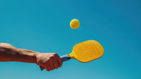 Pickleball game in action, hands hitting yellow ball with paddle against the vibrant blue sky, showcasing the excitement of outdoor sportの素材