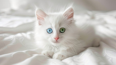 White Turkish Angora kitten with blue and green eyes lying on a white bed, showing the beauty of heterochromia in domestic petsの素材