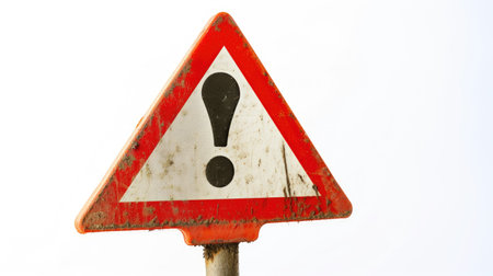 Roadside caution - attention sign with red triangle and black exclamation mark, isolated on white background,の素材