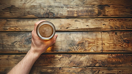 Responsible drinking - male fingers holding a miniature beer mug against a wooden table backgroundの素材