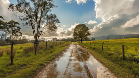Rural isolation - empty countryside dirt road with wet soilの素材