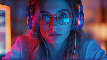 African girl wearing headphones, immersed in a PC screen, enjoying online webinar and interactive learning with a tutorの素材
