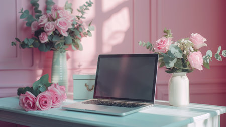 Stylish home office, roses, and eucalyptus arrangement, vintage jewelry box, set against a pale pink backgroundの素材