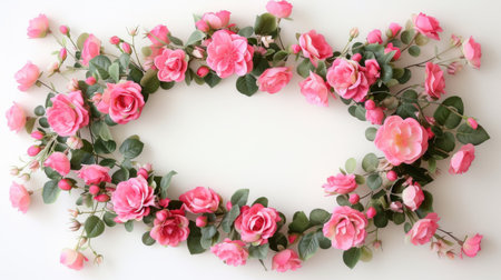 Pink roses on a white background forming a chic wreath frame, perfect for stylish apartment decor.の素材