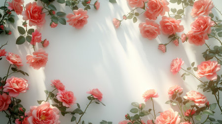 Pink roses on a white background forming a chic wreath frame, perfect for stylish apartment decor.の素材