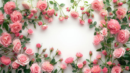 Pink roses on a white background forming a chic wreath frame, perfect for stylish apartment decor.の素材