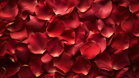 Rose petals background for Valentine's Day, creating a flat lay composition with red roses.の素材