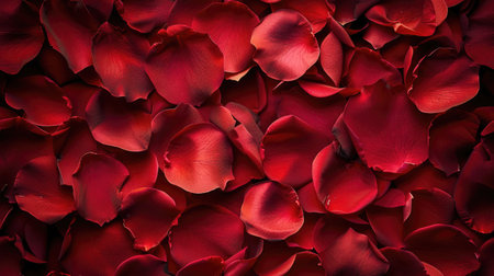 Rose petals background for Valentine's Day, creating a flat lay composition with red roses.の素材